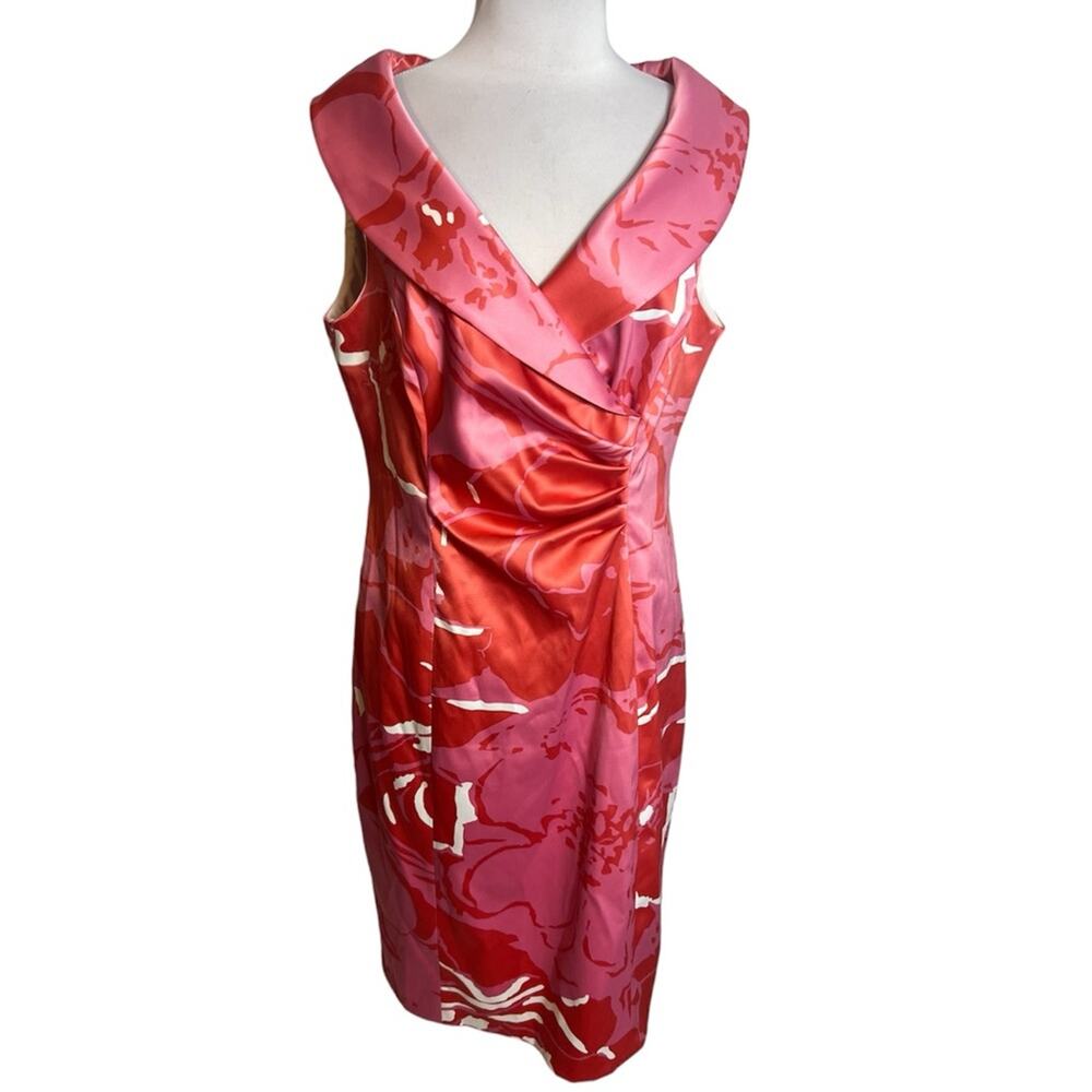 KAY UNGER Floral Satin Shawl Collar Dress Pink Coral Lined Sz 12
